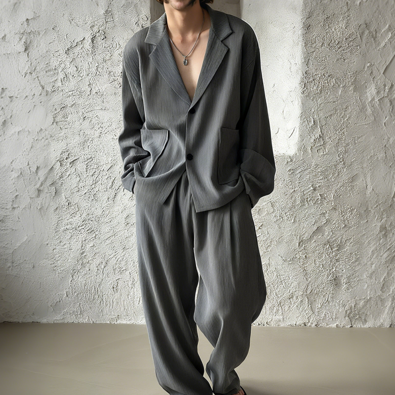 Men's Fashion Ribbed Cuban Collar Single Breasted Loose Long Sleeve Shirt Elastic Waist Straight Pants Set DTT25070911