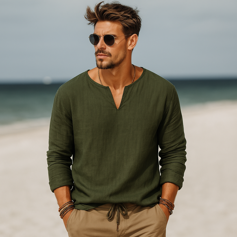 Men's Casual Solid Color Breathable Cotton Linen V-neck Loose Long-sleeved T-shirt DTT25070215