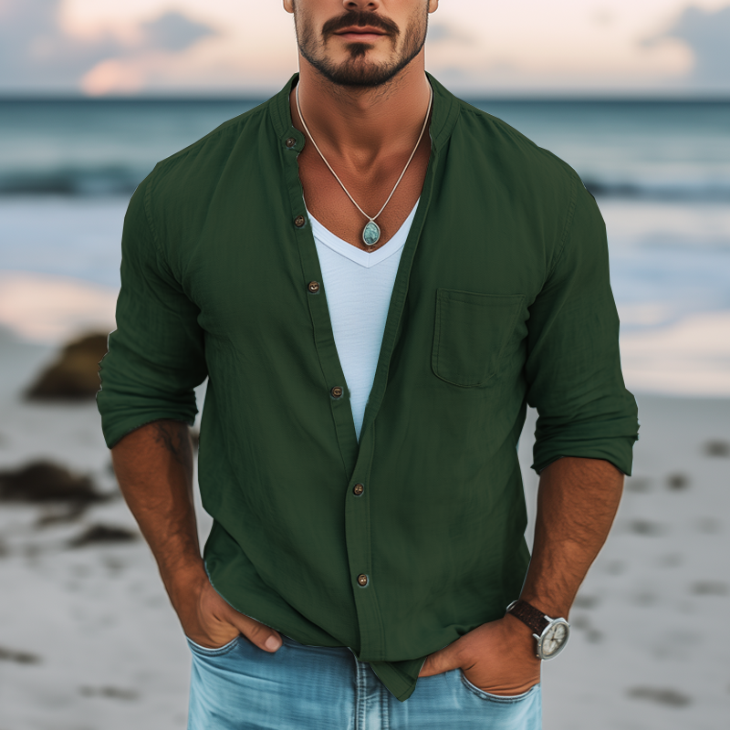 Men's Basic Solid Color Cotton Long Sleeve Shirt DTT25072908