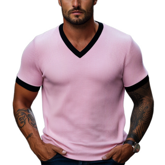 Men's Skin-friendly Ottoman Rib Colorblock Slim Fit V Neck Short Sleeve T-Shirt DTT25061318