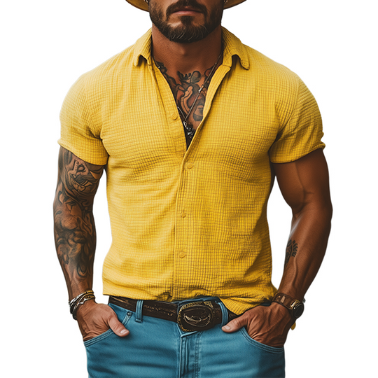 Men's Casual Classic American Western Tough Guy Style Knitted Waffle Slim Short Sleeve Shirt DTT25053013