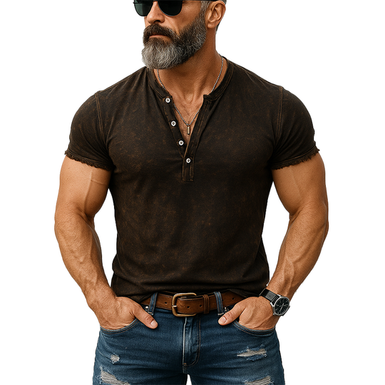 Men's Summer Fashion Distressed Printed Polyester Blended Short Sleeve Henley Shirt DTT25062015