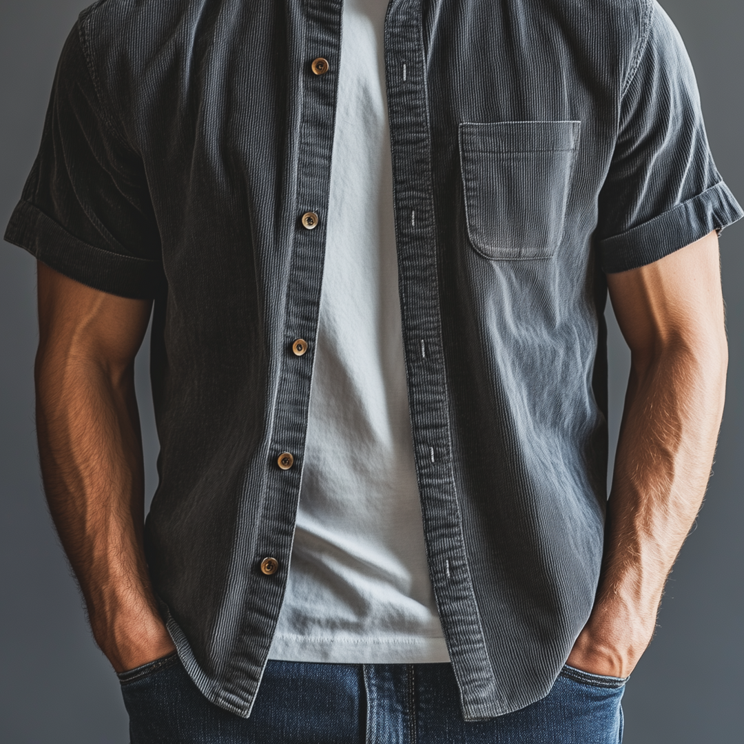 Men's Classic Casual Thin Corduroy Cuffs Roll-up Collar Short-sleeved Shirt DTT25072404