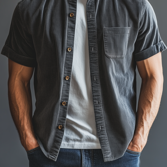 Men's Classic Casual Thin Corduroy Cuffs Roll-up Collar Short-sleeved Shirt DTT25072404