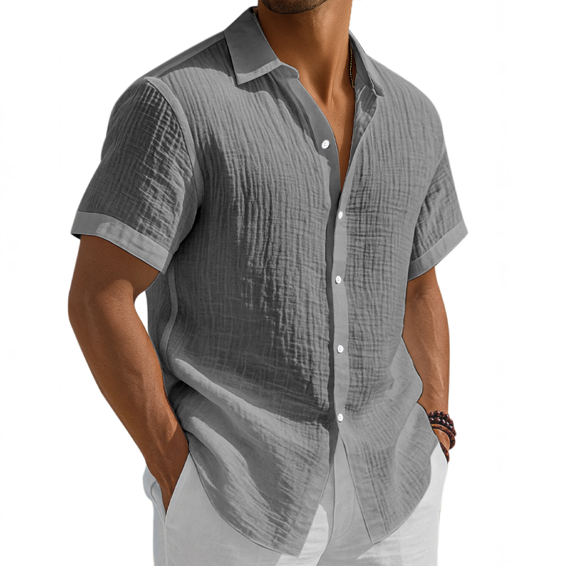 Men's Washed Cotton Solid Color Casual Short Sleeve Shirt DTT25080104