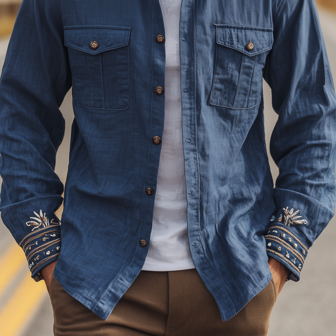 Men's Classic Casual Western Cowboy Style Embroidered Cotton And Linen Blend Long-sleeved Shirt DTT25080420