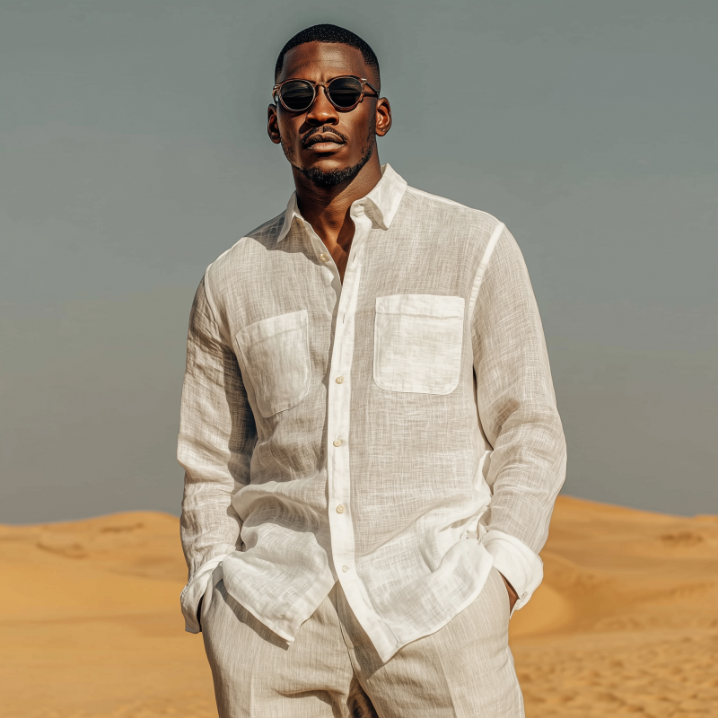 Men's Casual Solid Color Breathable Linen Lapel Patch Pocket Loose Long Sleeve Shirt DTT25070913