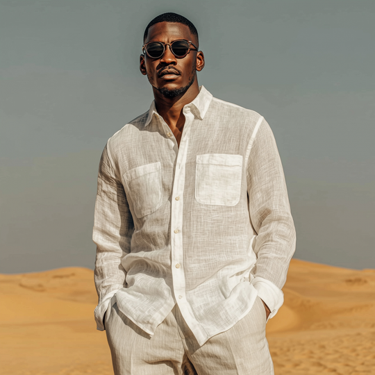 Men's Casual Solid Color Breathable Linen Lapel Patch Pocket Loose Long Sleeve Shirt DTT25070913