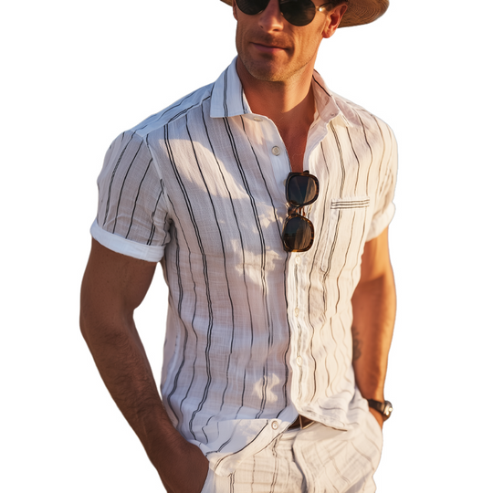 Men's Casual Vertical Striped Cotton Short Sleeve Shirt DTT25071415
