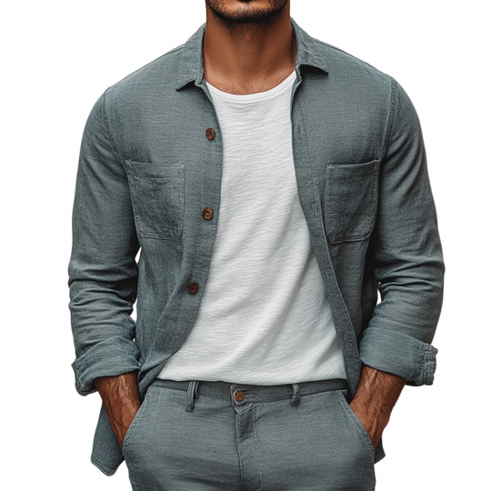 Men's Casual Breathable Linen Lapel Patch Pocket Loose Long Sleeve Shirt DTT25060910