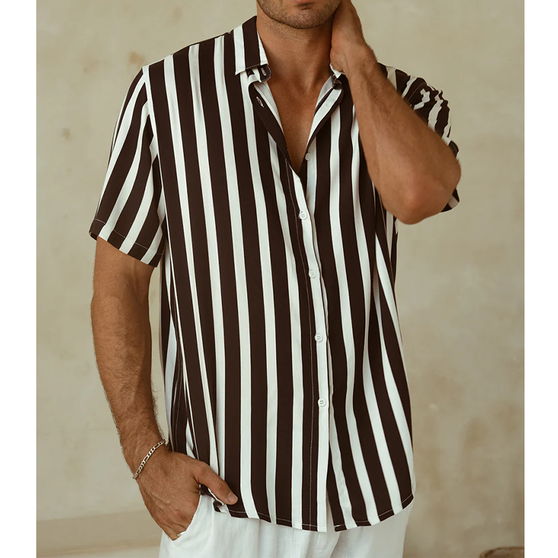 Men's Classic Casual Contrast Color Vertical Striped Cotton Blend Short Sleeve Shirt DTT25071703
