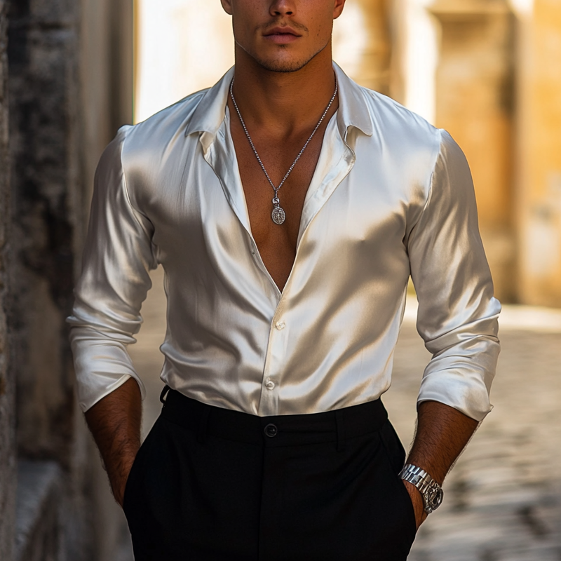Men's Fashion Solid Satin Lapel Long Sleeve Shirt DTT25061813