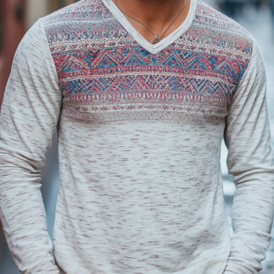 Men's Vintage Casual Cotton Blended Digital Printed V-Neck Long Sleeve T-Shirt 9911546871992