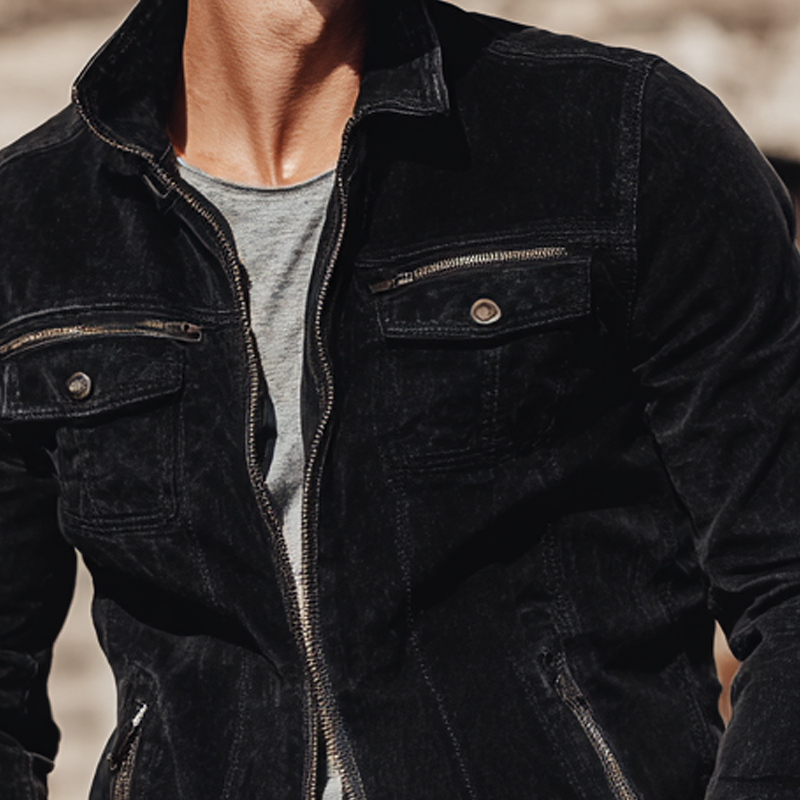Men's Vintage Solid Suede Zipper Multi-Pocket Jacket DTT25080610