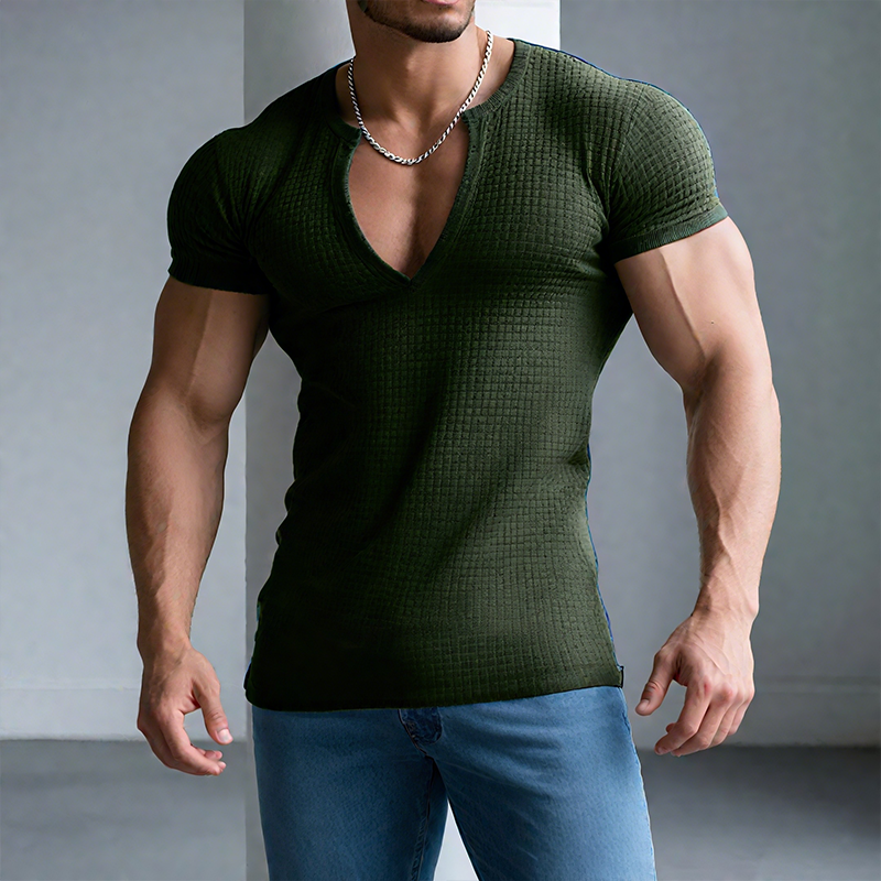 Men's Retro Casual Solid Color Waffle V-Neck Short Sleeve T-Shirt DTT25072420