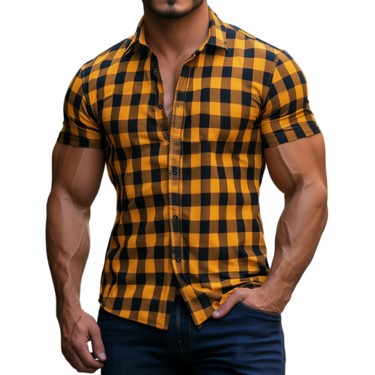 Men's Casual Breathable Cotton Plaid Lapel Slim Fit Short Sleeve Shirt DTT25061613
