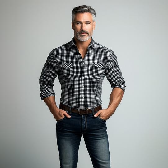 Men's Turndown Collar Single Breasted Houndstooth Pattern Long Sleeve Shirt 9899605983416