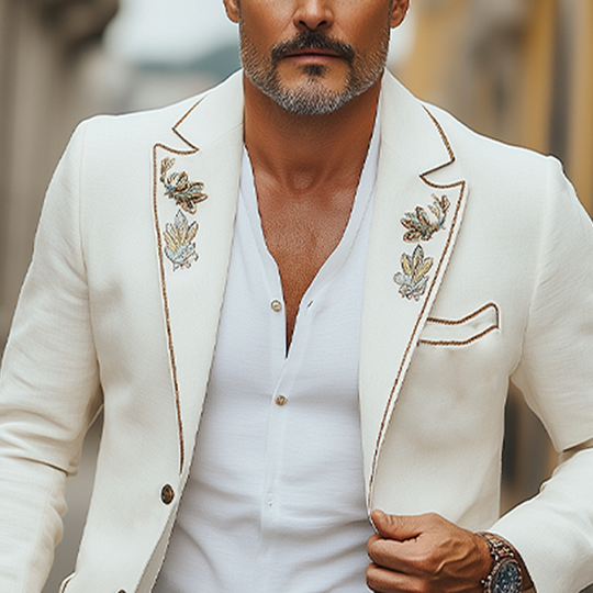 Men's Classic Retro Collar Lock Edge Embroidery Event Party Cotton And Linen Slim Single Breasted Blazer DTT25061019