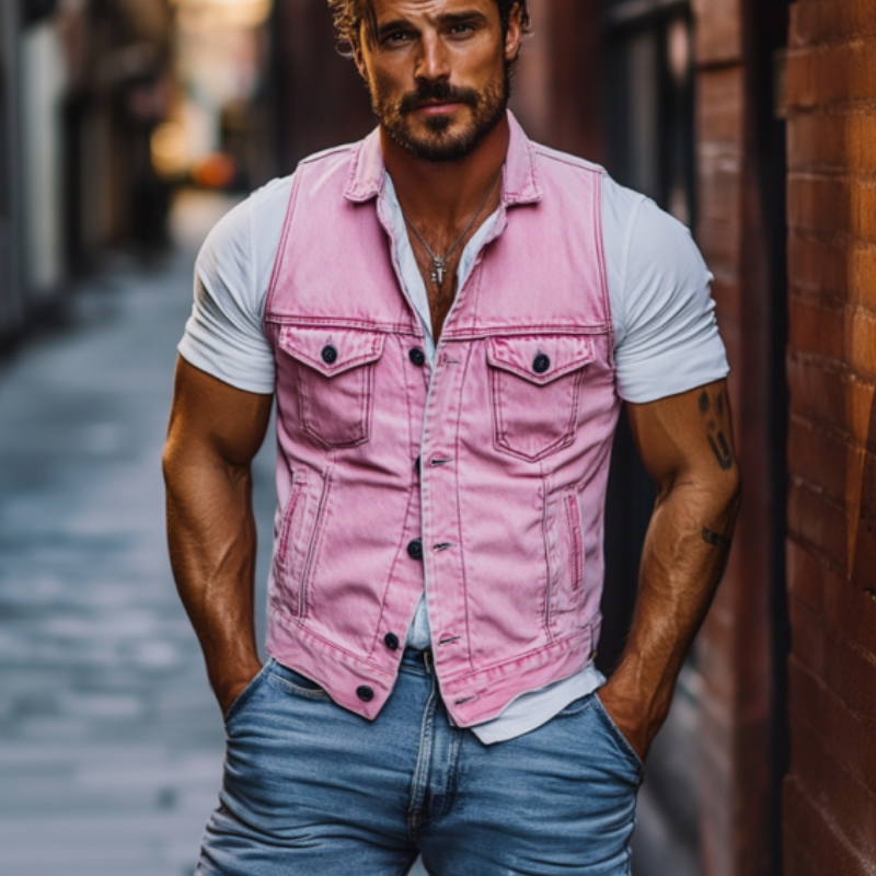 Men's Retro Classic Casual Slim Lapel Multi-Pocket Washed Denim Vest 9906107646136