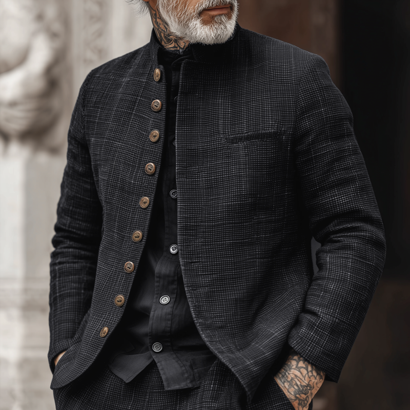 Men's Woven Textured Plaid Stand Collar Single-Breasted Jacket DTT25082902