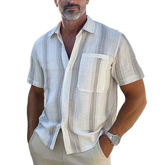 Men's Casual Vertical Striped Cotton and Linen Short-sleeved Shirt DTT25061208