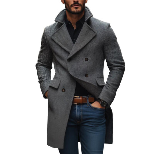 Men's Vintage Wool Blend Herringbone Pattern Notch Lapel Double-breasted Slim Fit Mid-length Coat DTT25082715
