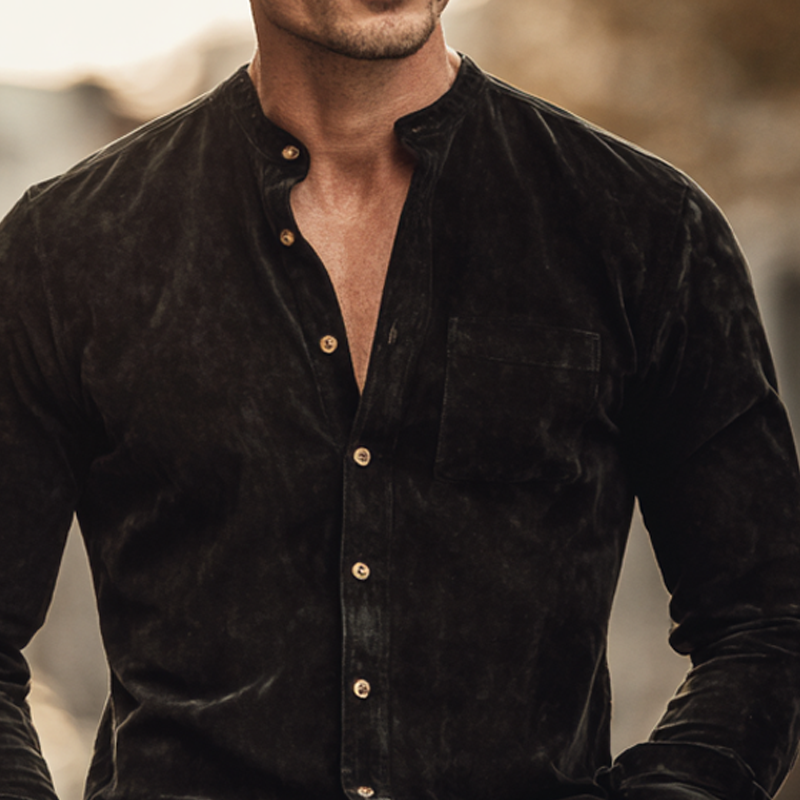 Men's Vintage Faux Suede Stand Collar Long Sleeve Shirt DTT25081220