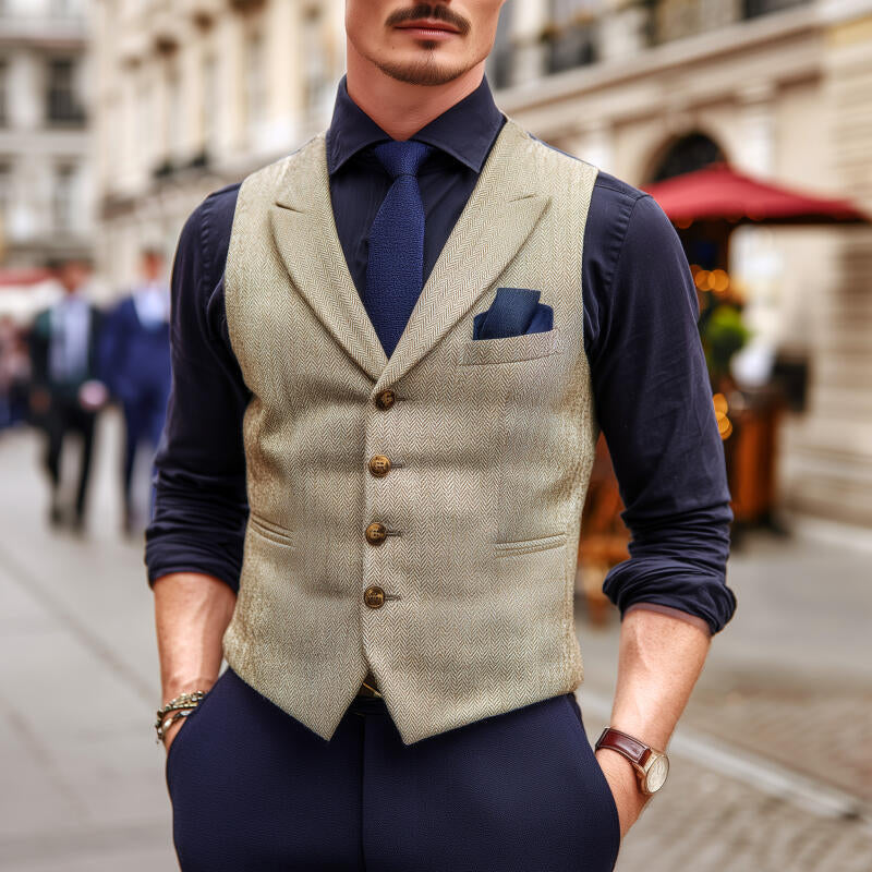 Men's Vintage Wool Blend Herringbone Lapel Single-Breasted Slim-Fit Suit Vest DTT25082912