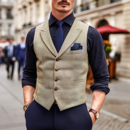Men's Vintage Wool Blend Herringbone Lapel Single-Breasted Slim-Fit Suit Vest DTT25082912