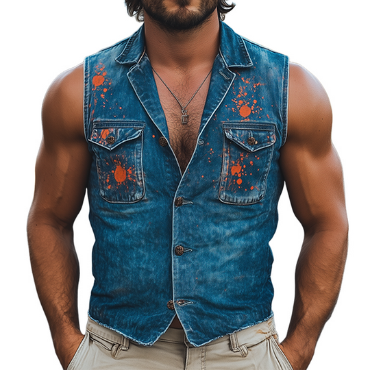 Men's Fashion Casual Washed Denim Personalized Ink Splash V-Neck Slim Vest DTT25062611