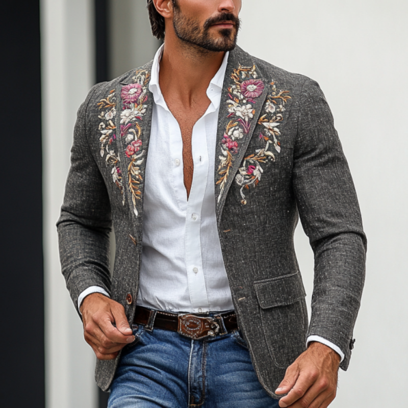 Men's Vintage Classic Slim Fit Rose Embroidered Linen Blazer 9892391911608