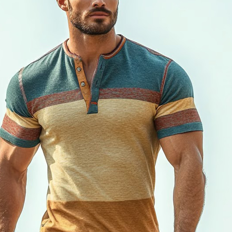 Men's Stripe Print Henley Neck Short Sleeve T-Shirt DTT25062415