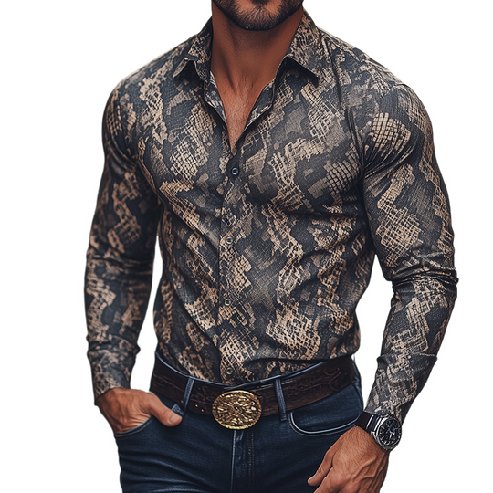 Men's Retro Casual Rock Cowboy Python Print Lapel Long Sleeve Shirt DTT25082503