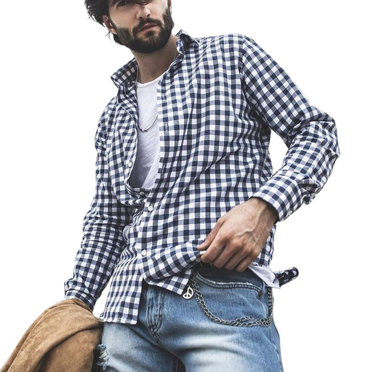 Men's Casual Loose Black and White Plaid Long-sleeved Shirt 9892392435896