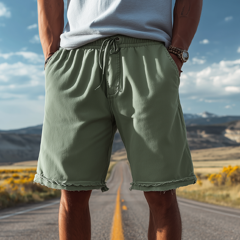 Men's Classic Casual Cotton Blend Washed Trousers With Raw Edges And Elastic Waist Shorts DTT25072812