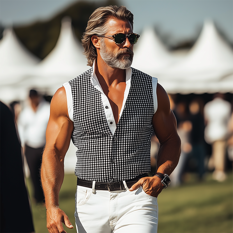 Men's Spring And Summer Fashion Casual Houndstooth Print Stitching Stretch Cotton Blend Stand Collar Slim Sleeveless Shirt DTT25060608