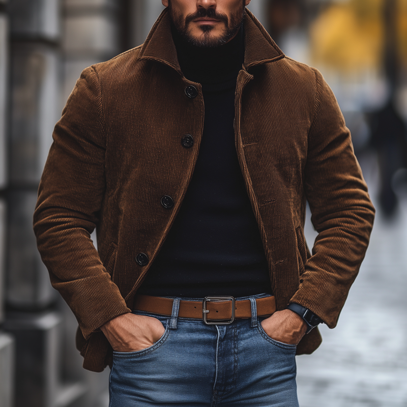 Men's Vintage Casual Solid Color Corduroy Lapel Single-Breasted Loose Work Jacket DTT25082205