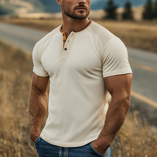 Men's Spring And Summer Fashion Casual Henley Collar Suede Shoulder Splicing Mesh Fabric Slim Fit Short Sleeve T-shirt DTT25062516