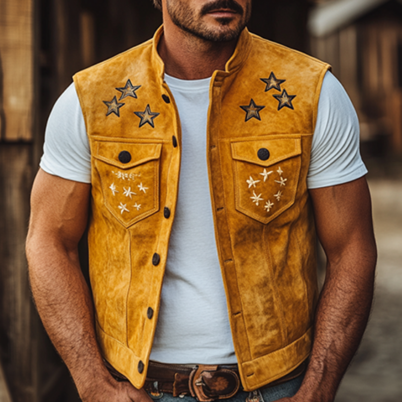 Men's Classic Retro American Western Embroidery Slim Stand Collar Suede Vest 9903595585720