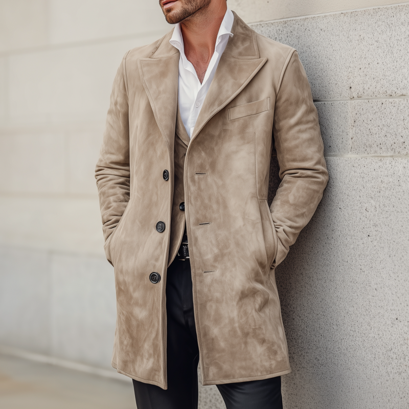 Men's Vintage Elegant Solid Color Suede Peak Lapel Single-Breasted Slim-Fit Coat DTT25080617