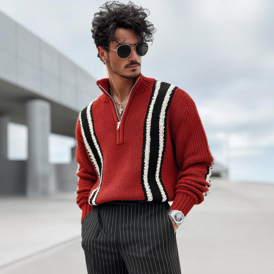Men's Vintage Contrast Striped Breathable Knit Zipper Stand Collar Loose Pullover Sweater DTT25082908