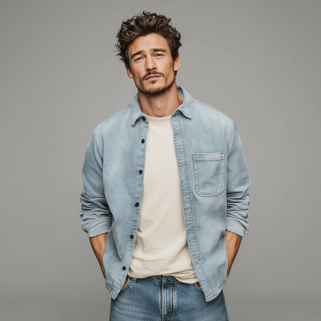 Men's Retro Casual Corduroy Washed Lightly Bleached Distressed Long-sleeved Shirt DTT25072807