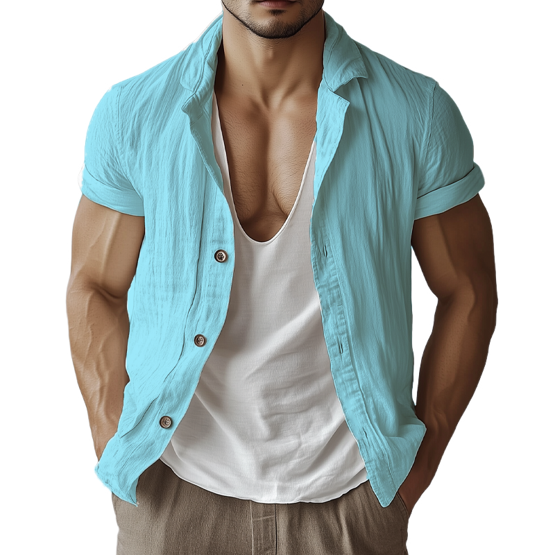 Men's Casual Basic Cotton Solid Color Short-sleeved Shirt DTT25070101