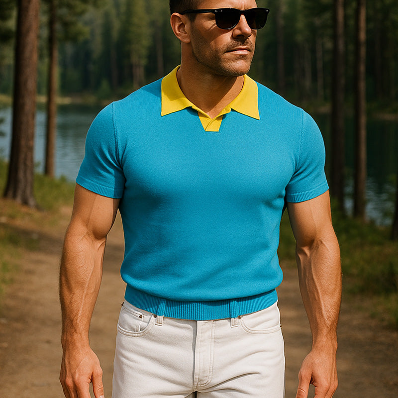 Men's Summer Fashion Contrast Color Knitted Short Sleeve Polo Shirt DTT25063019