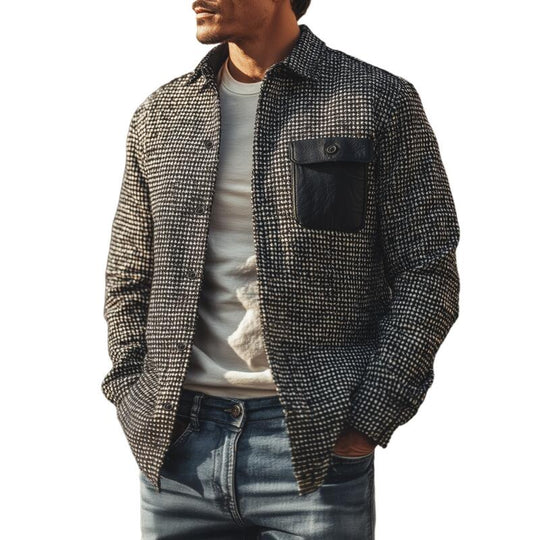 Men's Vintage Houndstooth Lapel PU Chest Pocket Loose Long Sleeve Shirt Jacket DTT25082717