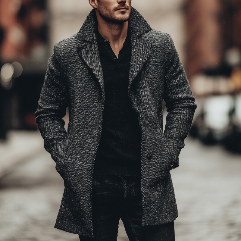 Men's Vintage Herringbone Lapel Mid-Length Coat DTT25081214