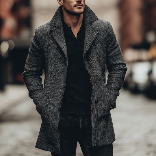 Men's Vintage Herringbone Lapel Mid-Length Coat DTT25081214