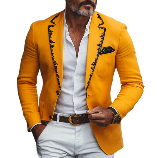Men's  Spring and Summer Thin Fashion Casual American Retro Western Tough Style Cotton And Linen Embroidery Slim Fit Single-breasted Blazer  DTT25061714
