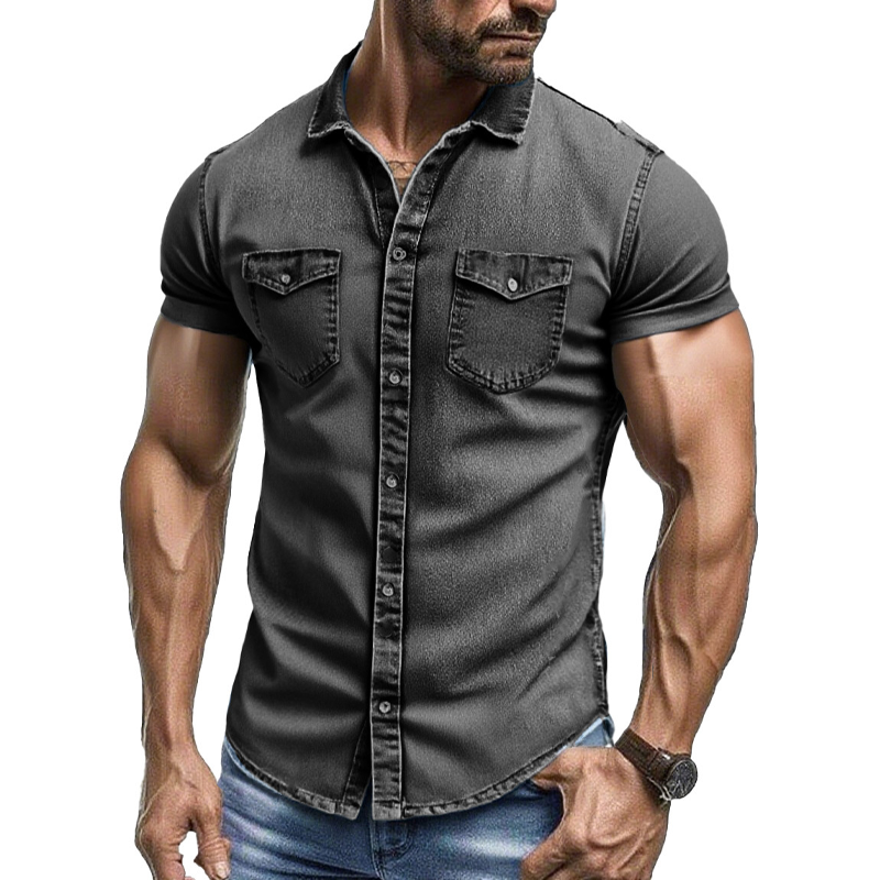 Men's Vintage Washed Short Sleeve Multi-Pocket Denim Shirt DTT25062601