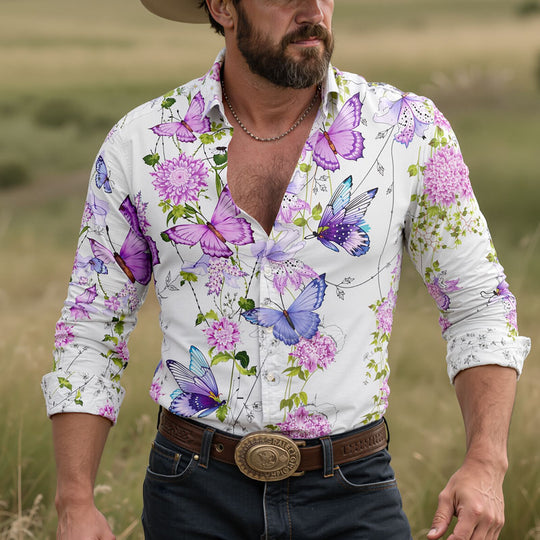 Men's Hawaiian Floral Print Long Sleeve Lapel Shirt Dtt795803320